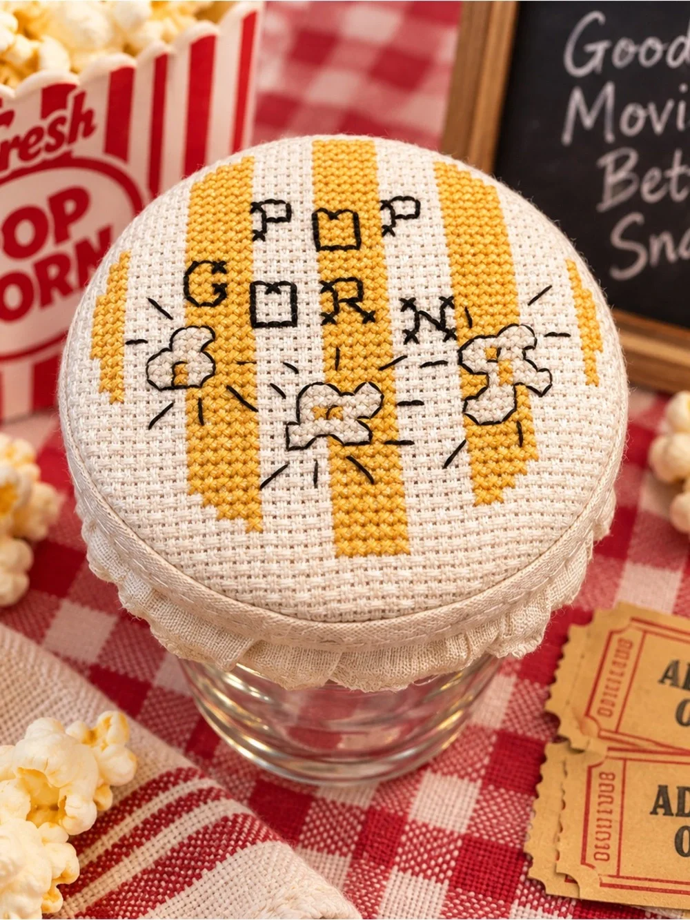 Vintage Kitschy Handmade Popcorn Kernel Jar Cross Stitch Upcycled